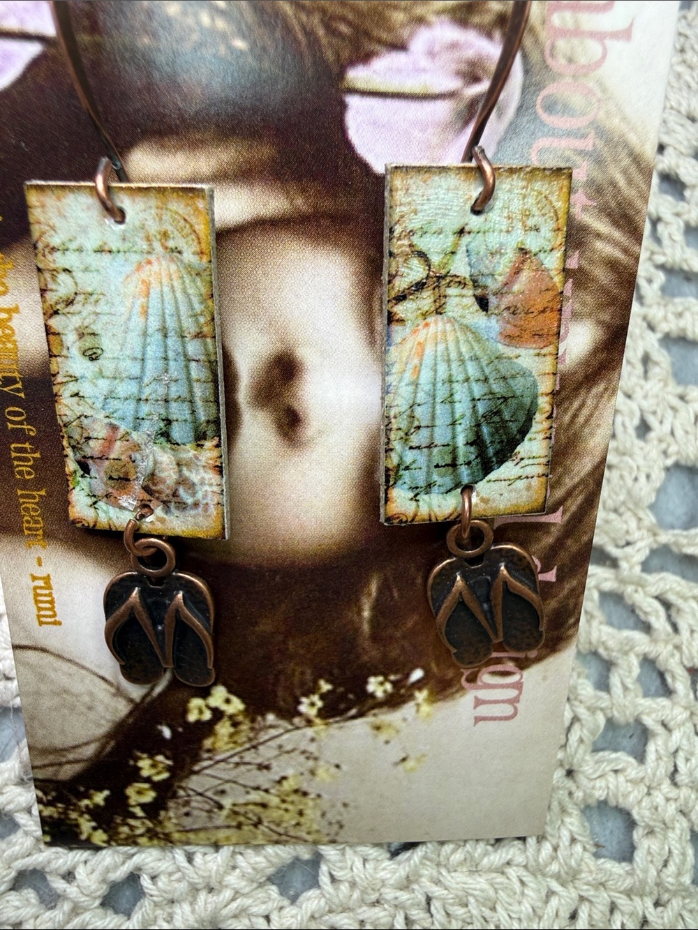 Handcrafted Turquoise Seascape Drop art Earrings with Copper Flip-Flop Charms